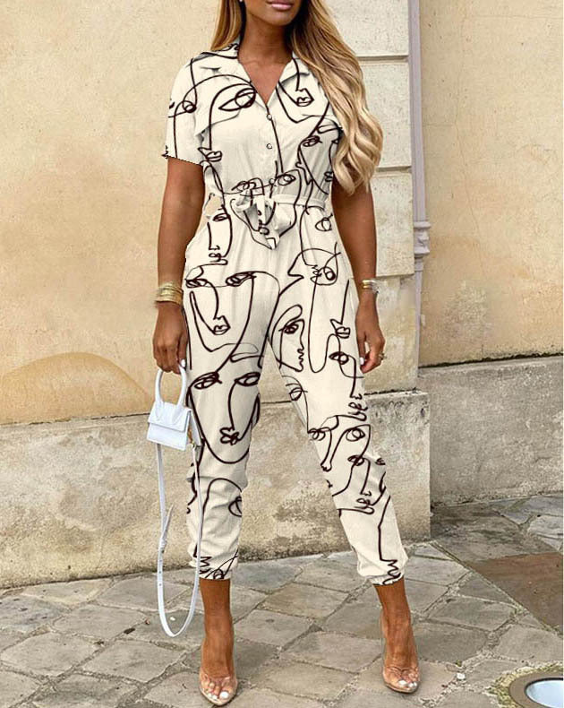 Women's Clothing Lapel Print Cargo Overalls