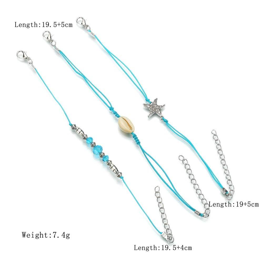 Bohemian Starfish Shell Blue Bead Anklet Set