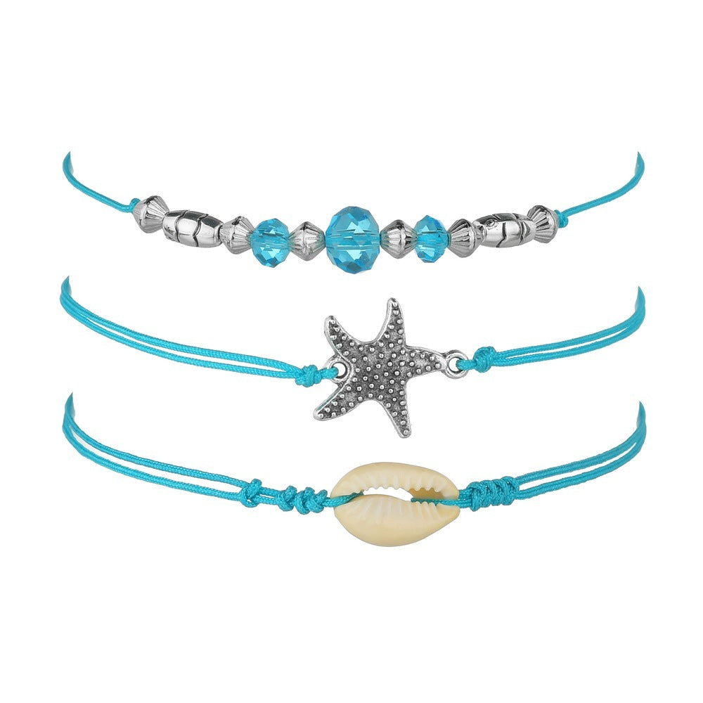 Bohemian Starfish Shell Blue Bead Anklet Set