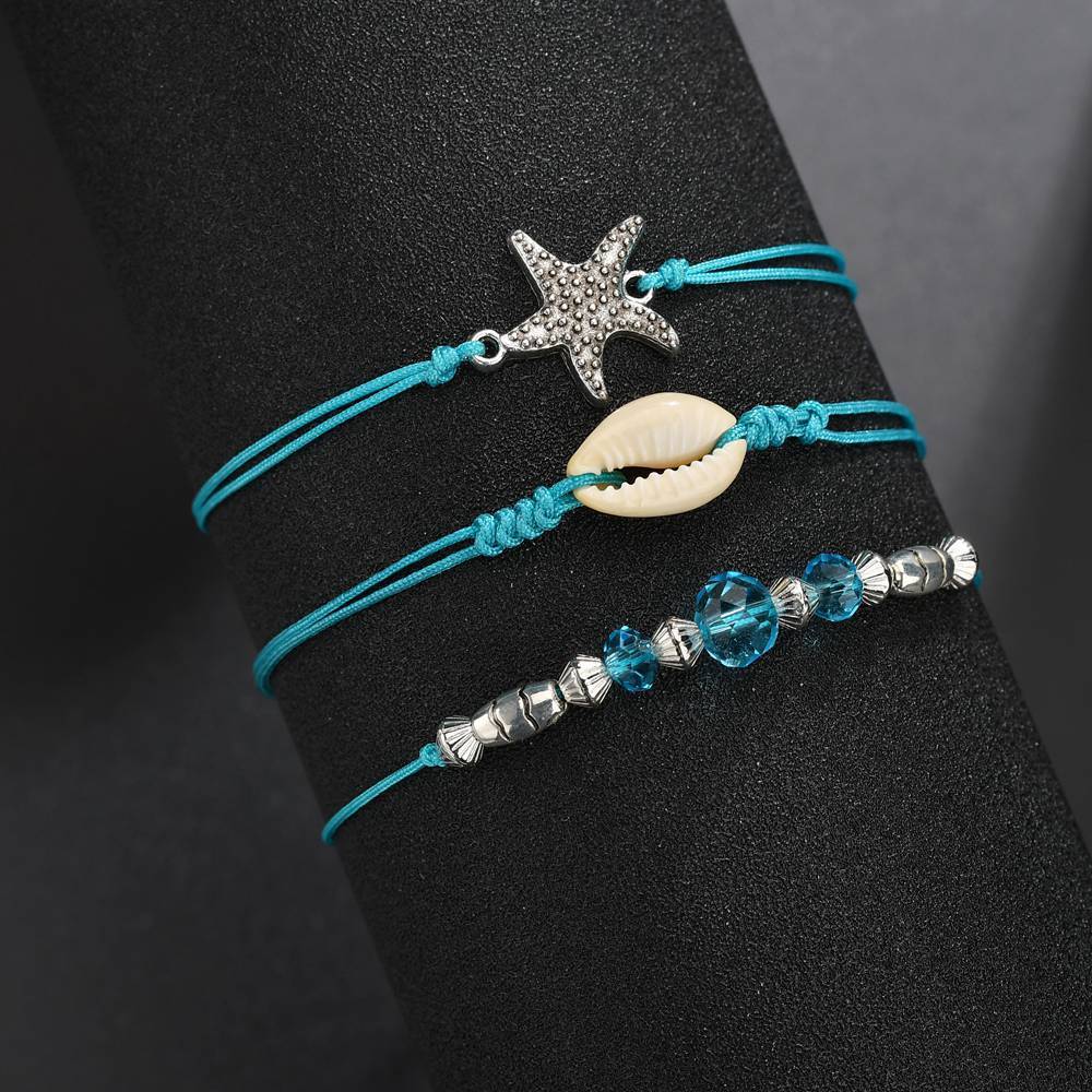 Bohemian Starfish Shell Blue Bead Anklet Set