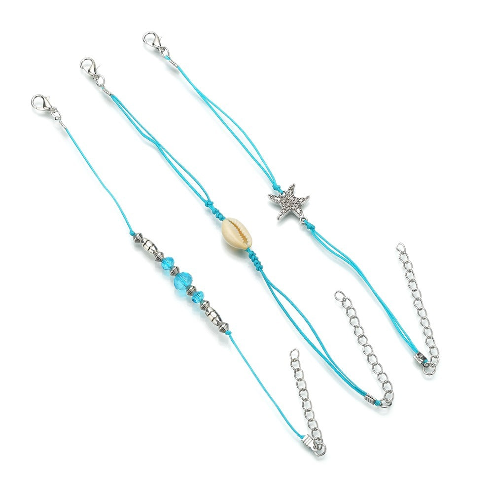 Bohemian Starfish Shell Blue Bead Anklet Set