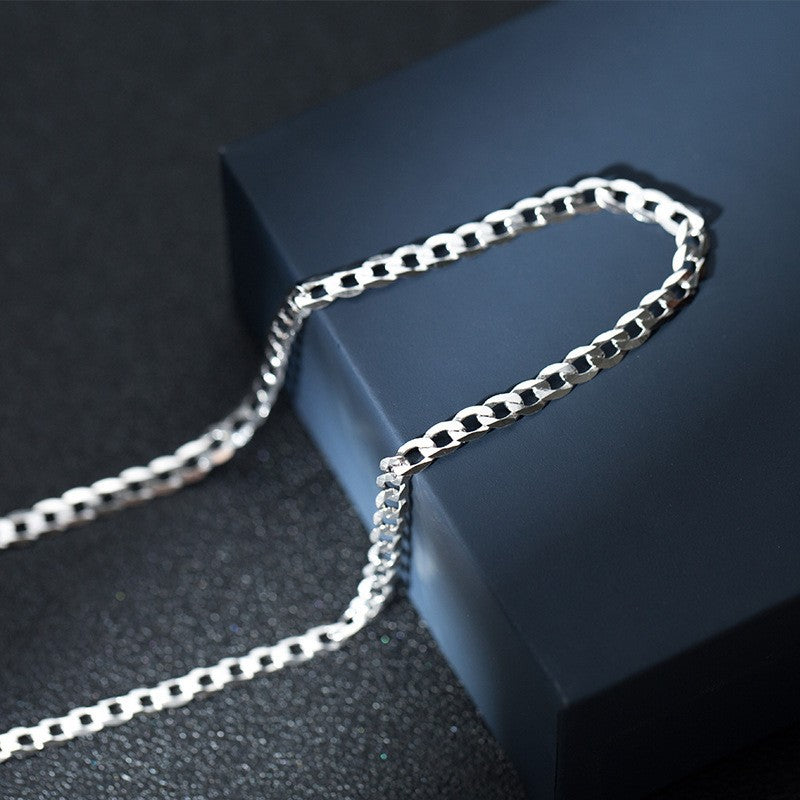 S925 Sterling Silver Simple Trendy Men's Curb Necklace Domineering Cuban Clavicle Chain