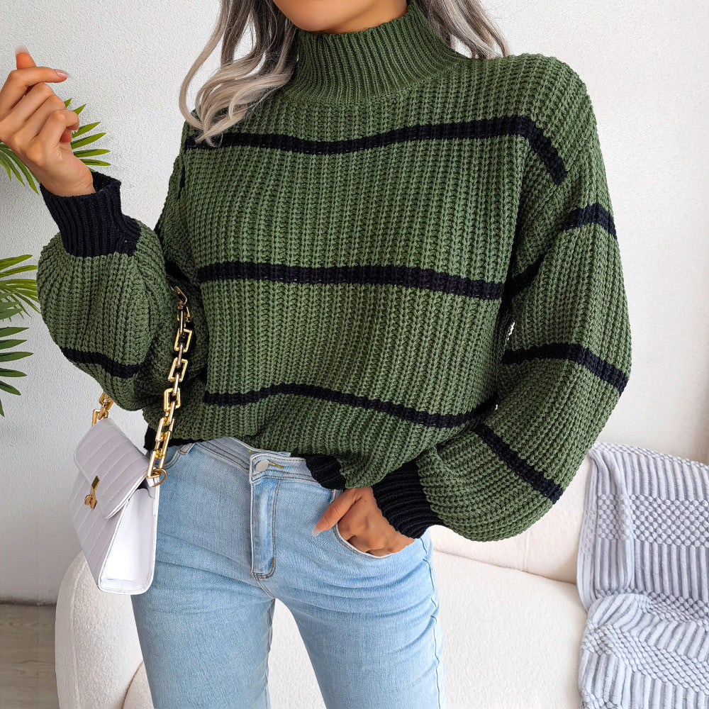 Knitted Sweater Half Turtleneck Pullover Sweater Women's Outer Wear Amazon Striped Contrast Color Fashion