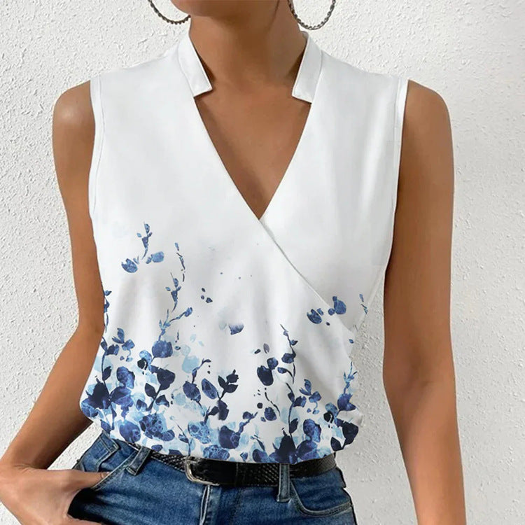 Printed Tops Summer V-neck Sleeveless T-shirt