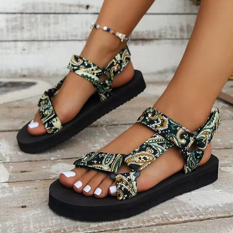 Printed Velcro-design Sandals Summer Ethnic Style Thick Flat Sandals Women's Fashion Casual Beach Shoes