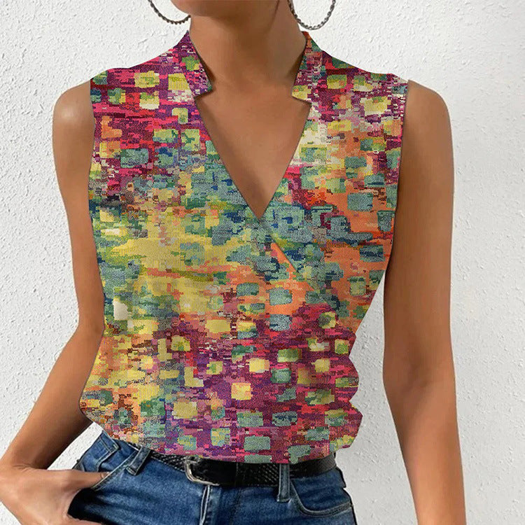 Printed Tops Summer V-neck Sleeveless T-shirt