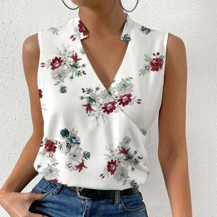 Printed Tops Summer V-neck Sleeveless T-shirt