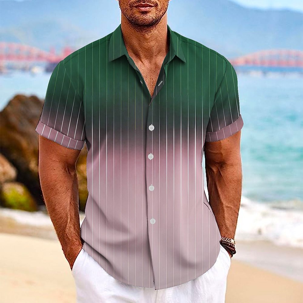 Lapel Button Short-sleeved Shirt Summer Fashion Gradient Striped Print Beach Shirt Leisure Tops Men's Clothing